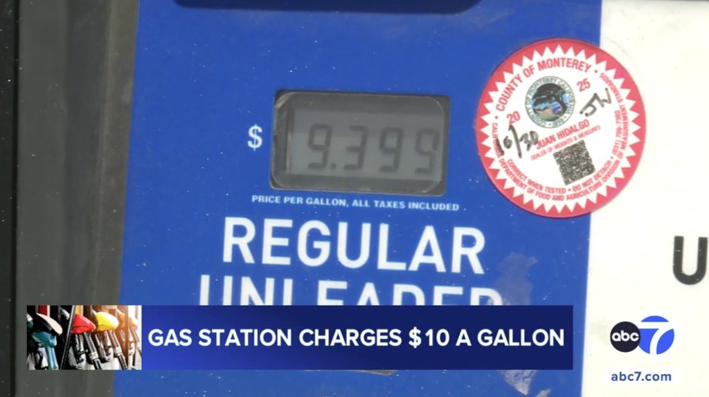 A gas pump display showing a price of $9.399 for a gallon of regular unleaded gas.
