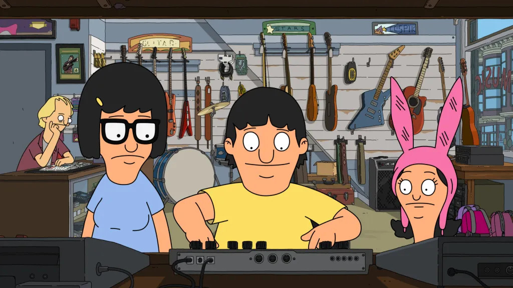 Illustration of Tina, Gene, and Louise from Bob's Burgers inside a music store, with Gene playing a sound mixer.