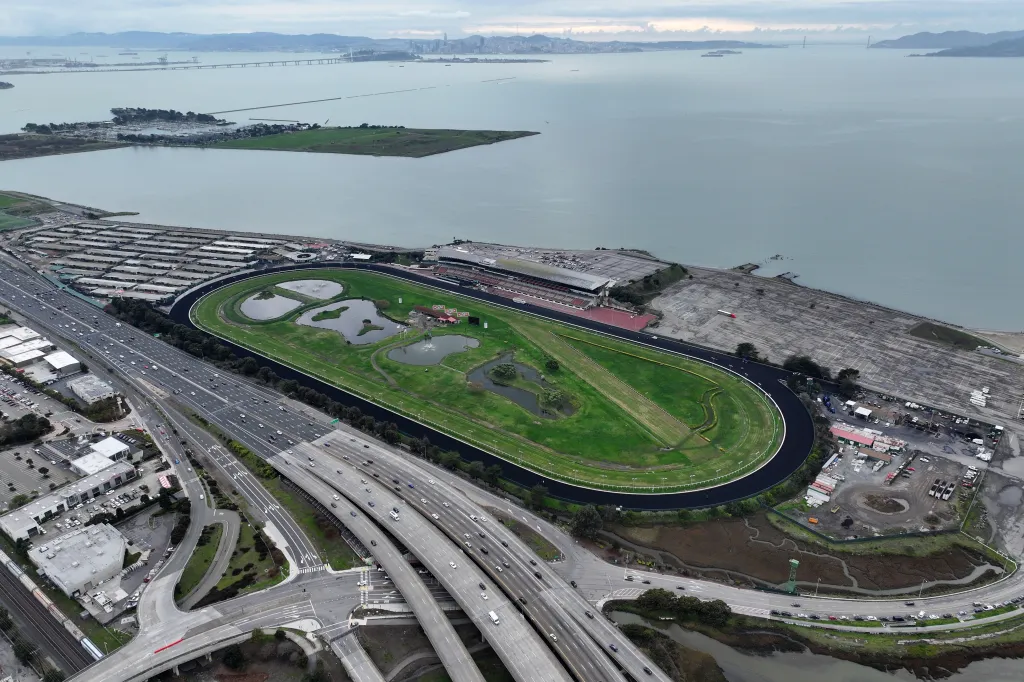 Aerial view of the Golden Gate Fields horse racing track in Berkeley, California.
