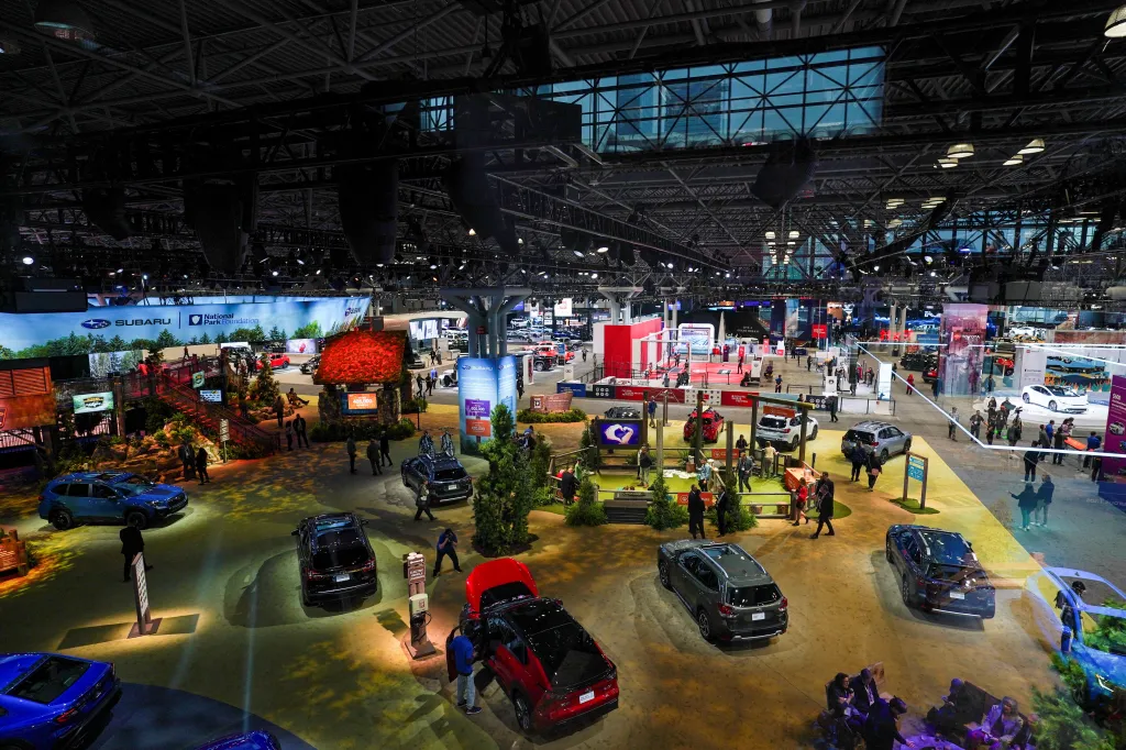 An aerial view of the New York International Auto Show at the Jacob Javits Convention Center.