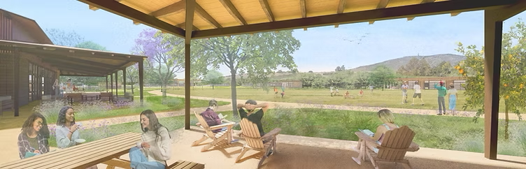 Illustration of people relaxing on a shaded patio overlooking a green field.
