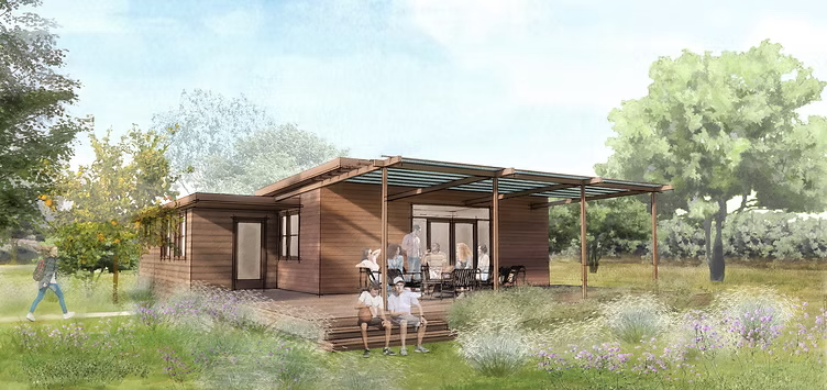 Illustration of a modern brown cabin with a deck and pergola, surrounded by people, trees, and wildflowers.