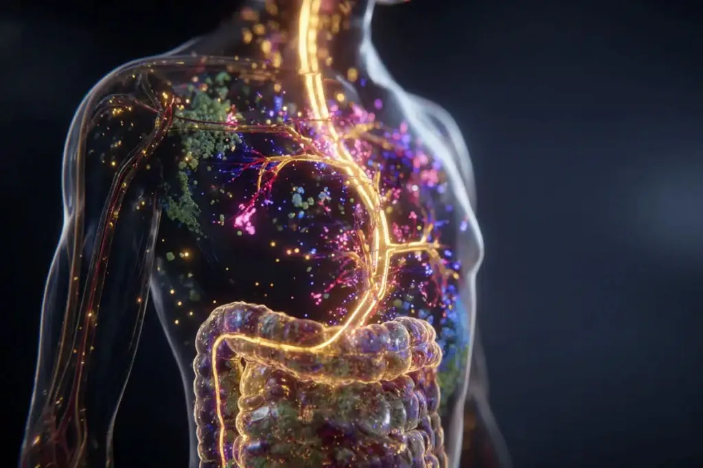 Illustration of a human torso with a visible gut and central nervous system glowing with colorful particles, representing microbes and neural connections.