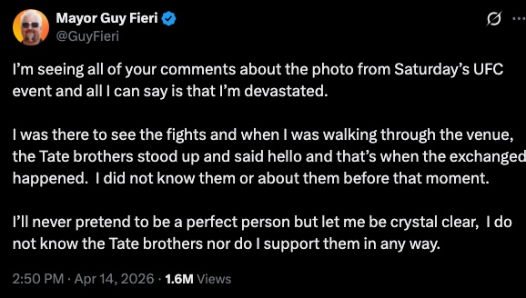 A screenshot of Guy Fieri's tweet responding to backlash over meeting the Tate brothers.