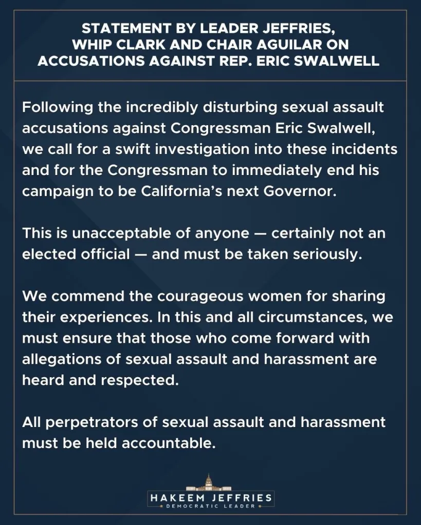 Statement by Hakeem Jeffries, Whip Clark, and Chair Aguilar on accusations against Rep. Eric Swalwell, calling for an investigation and for Swalwell to end his gubernatorial campaign.