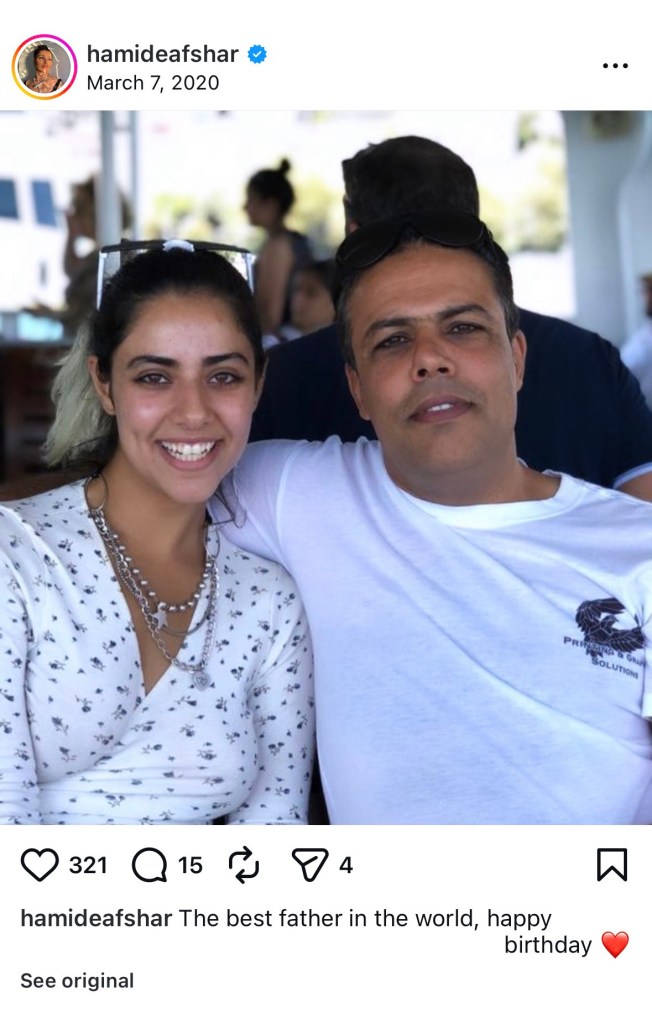 Hamideh Soleimani Afshar, niece of Qasem Soleimani, and a man pose for a photo.