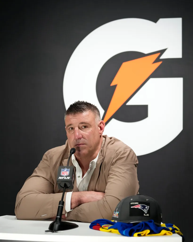Head coach Mike Vrabel of the New England Patriots looking on during Super Bowl LX Opening Night.