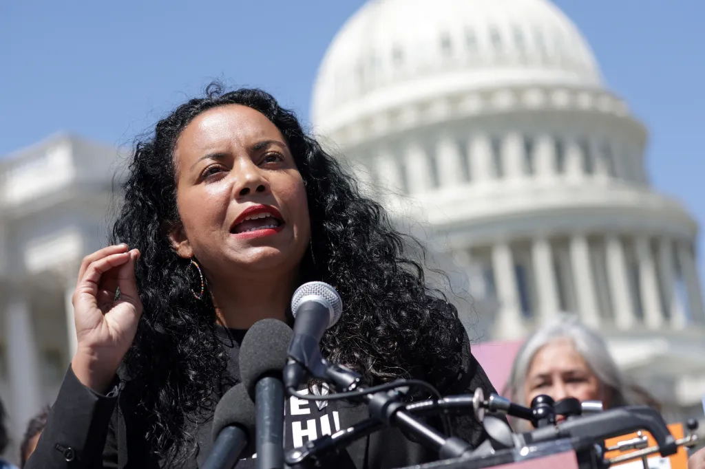Analilia Mejia speaks during a news conference calling for Justice Clarence Thomas's resignation outside the US Capitol.