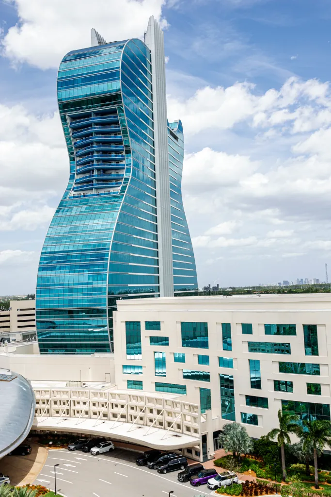 The unique guitar-shaped exterior of the Hard Rock Hotel & Casino in Hollywood, Florida.