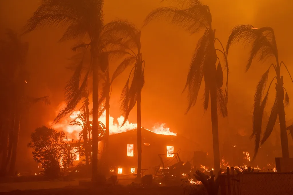 A house engulfed in bright orange flames during the Eaton Fire in Altadena, California, silhouetted by several tall palm trees.