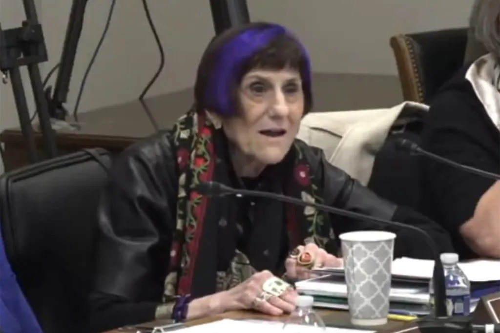 Rosa DeLauro with purple hair during a congressional hearing.