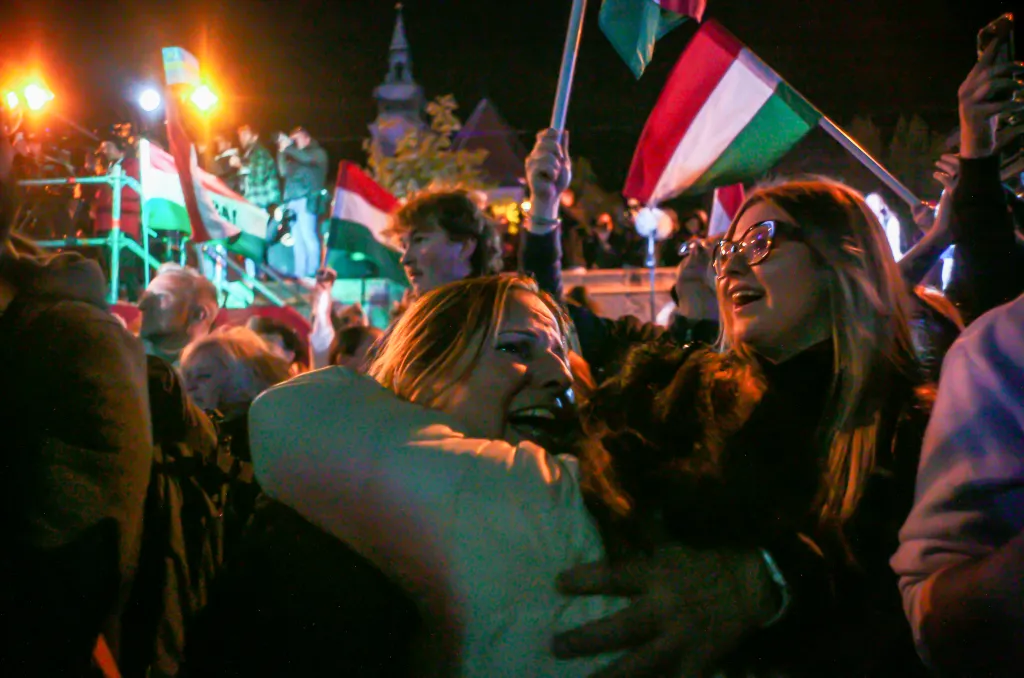 People celebrating Peter Magyar's victory in the Hungarian parliamentary election.