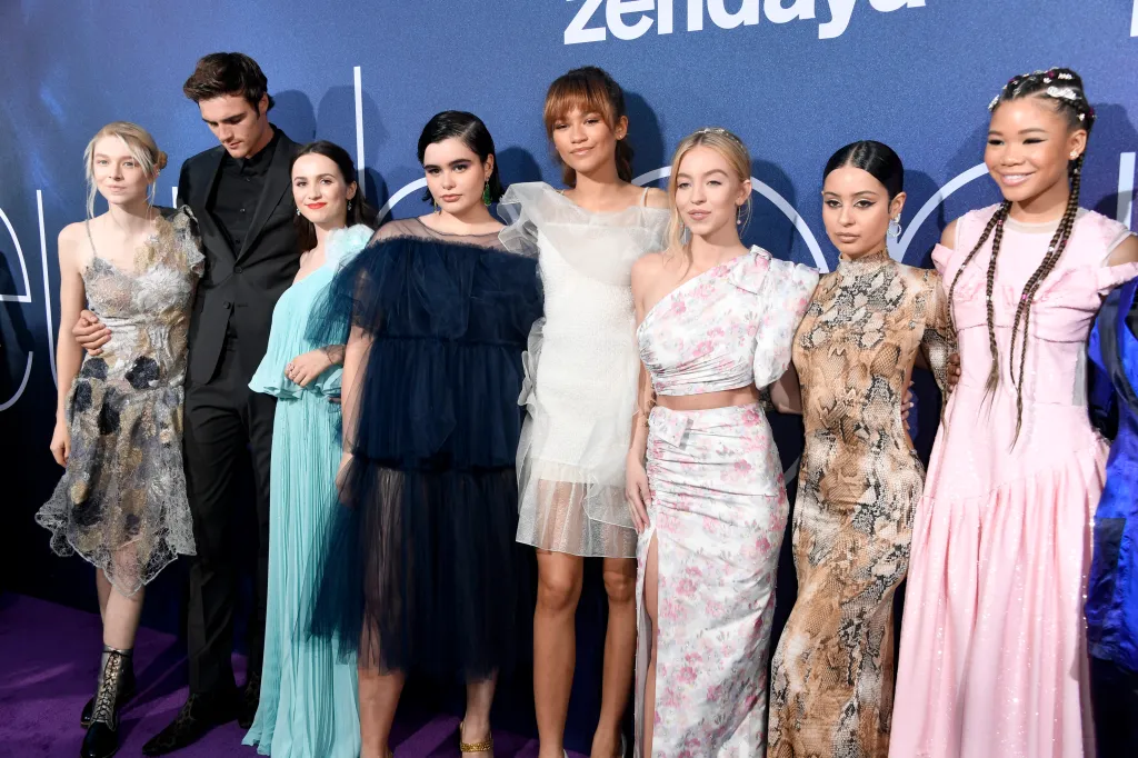 Cast members of Euphoria pose on the red carpet at the show's premiere.