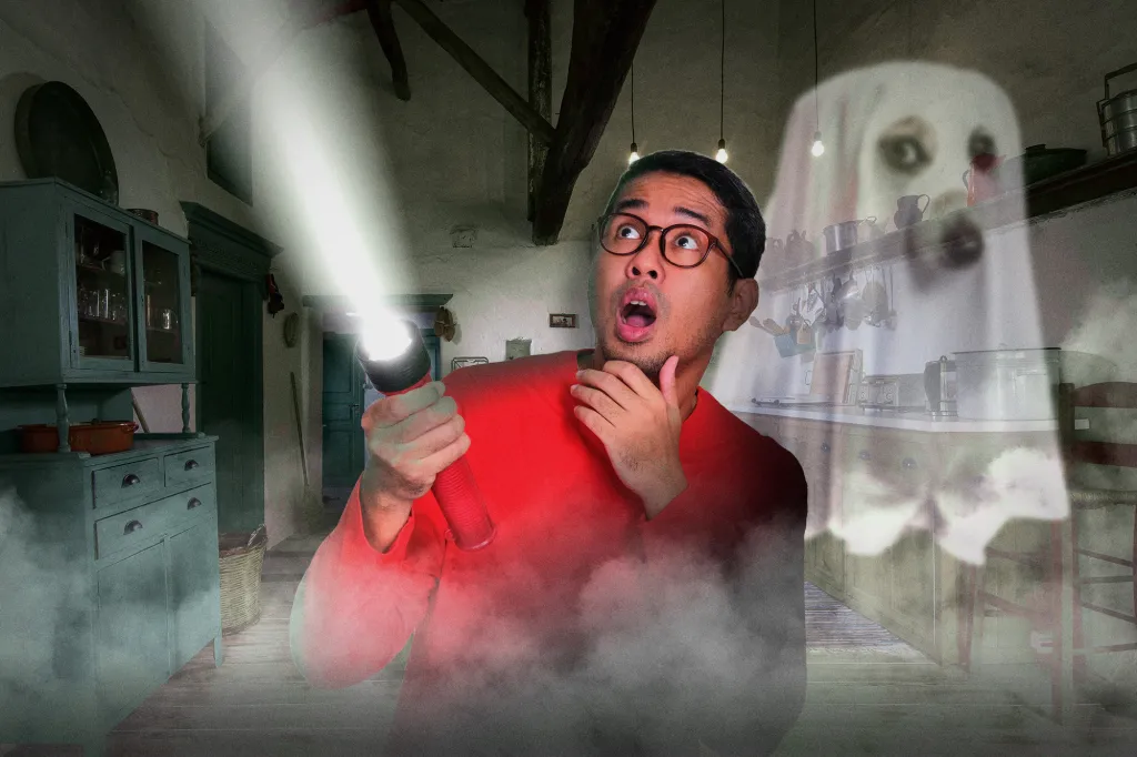 Scared man in haunted house. 