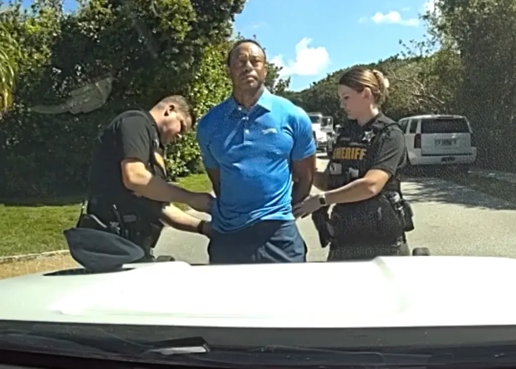 Tiger Woods in a blue shirt being handcuffed by two sheriff's deputies.
