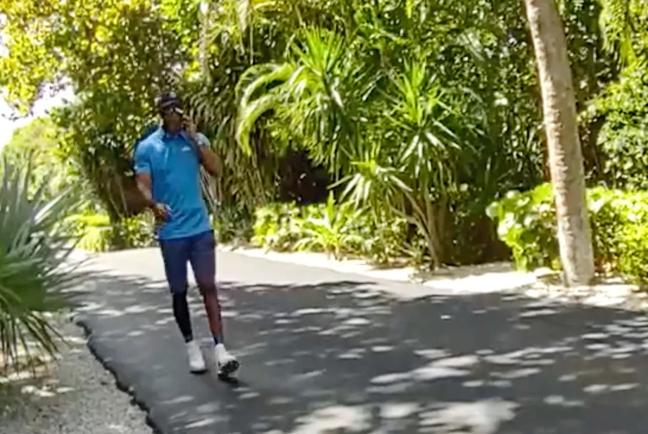 Tiger Woods speaks on his cellphone after a car crash.