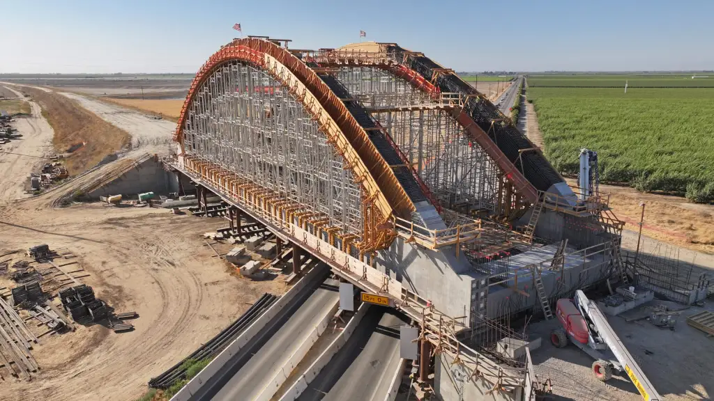 Construction of the State Route 43 Tied Arch Bridge, part of the California High-Speed Rail project.