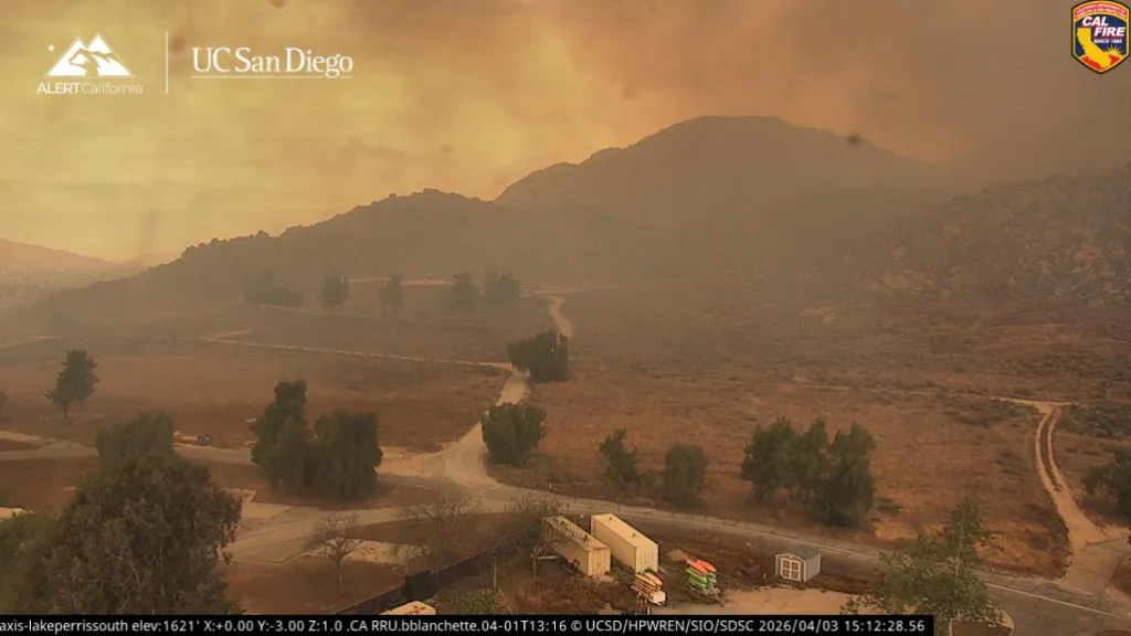 Smoke blocks the sun as the Springs Fire continues to grow in Southern California on April 3, 2026.