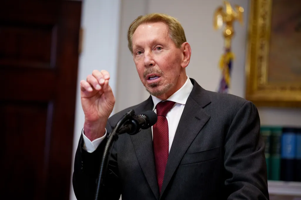 Larry Ellison, Oracle co-founder, CTO, and Executive Chairman, speaks at a news conference in the White House.