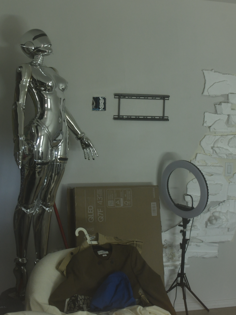 A chrome mannequin, television mount, power outlet, cardboard box, and ring light in the home of Hamideh Soleimani Afshar.