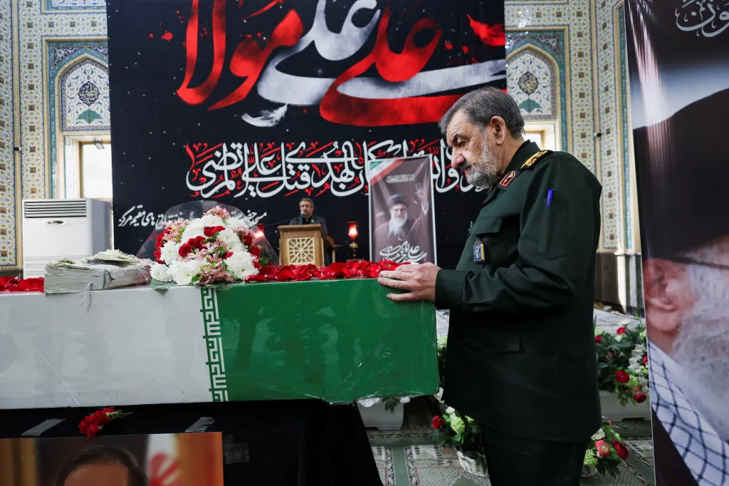 Iranian military commander Mohsen Rezaee attending funeral ceremonies for Ali Shamkhani.