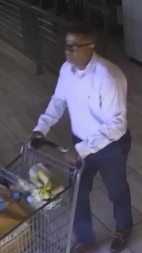 A man with dark hair, glasses, a light blue long-sleeved shirt, dark pants, and brown loafers pushes a shopping cart with items in it.