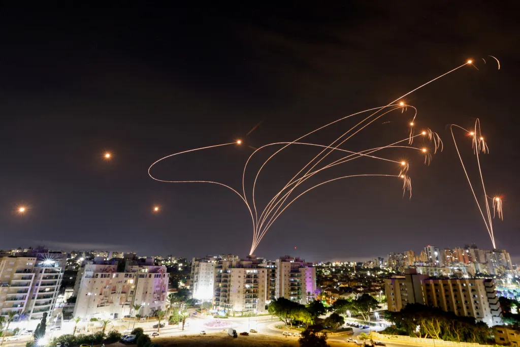 Israel's Iron Dome anti-missile system intercepts rockets over Ashkelon.
