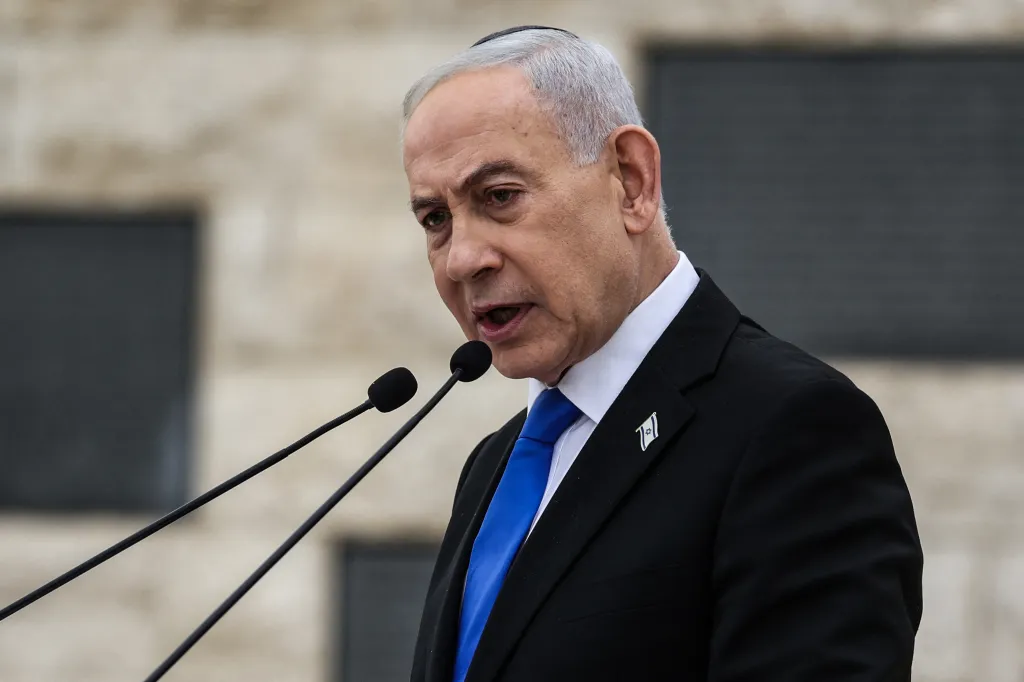 Prime Minister Benjamin Netanyahu speaking at a ceremony during Israel's Remembrance Day for fallen soldiers.
