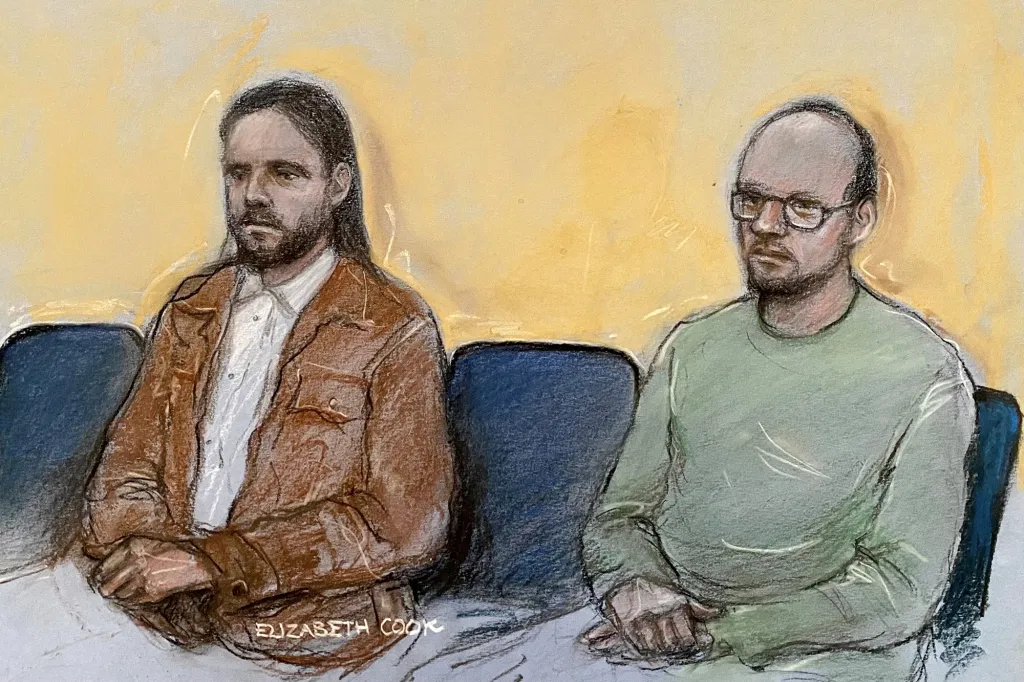 Illustration of two men, Jamie Varley and another man, in a courtroom sketch.