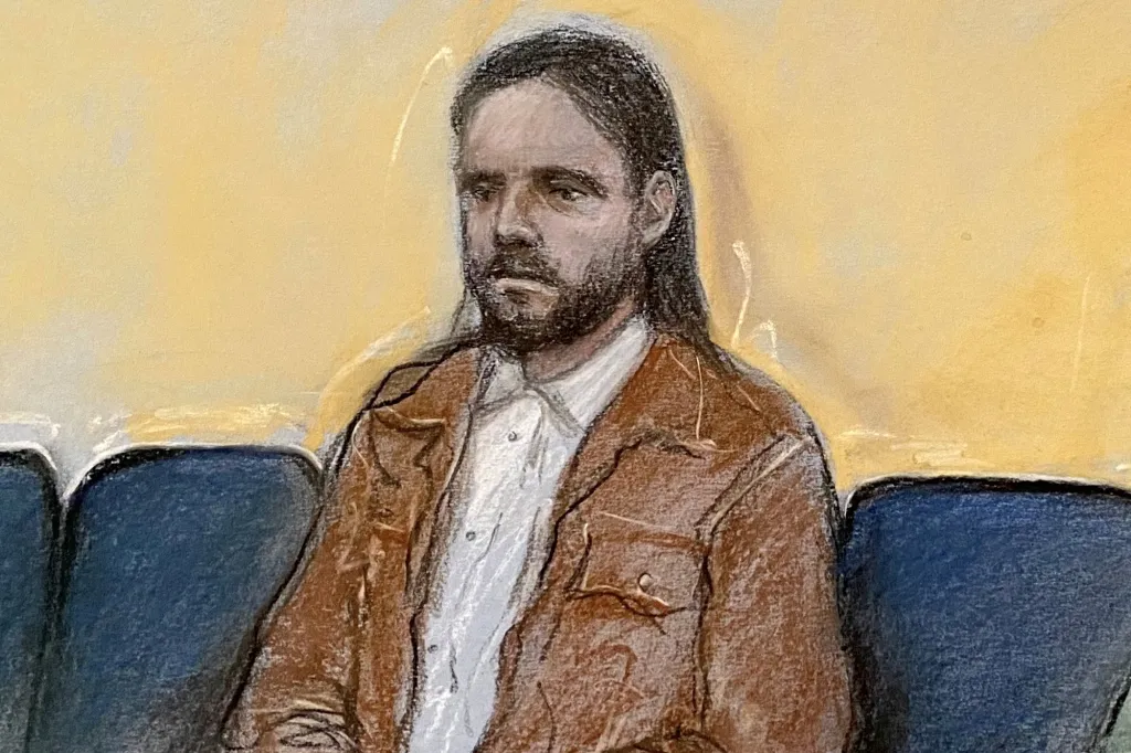 Illustration of Jamie Varley in court, wearing a brown jacket over a white shirt.
