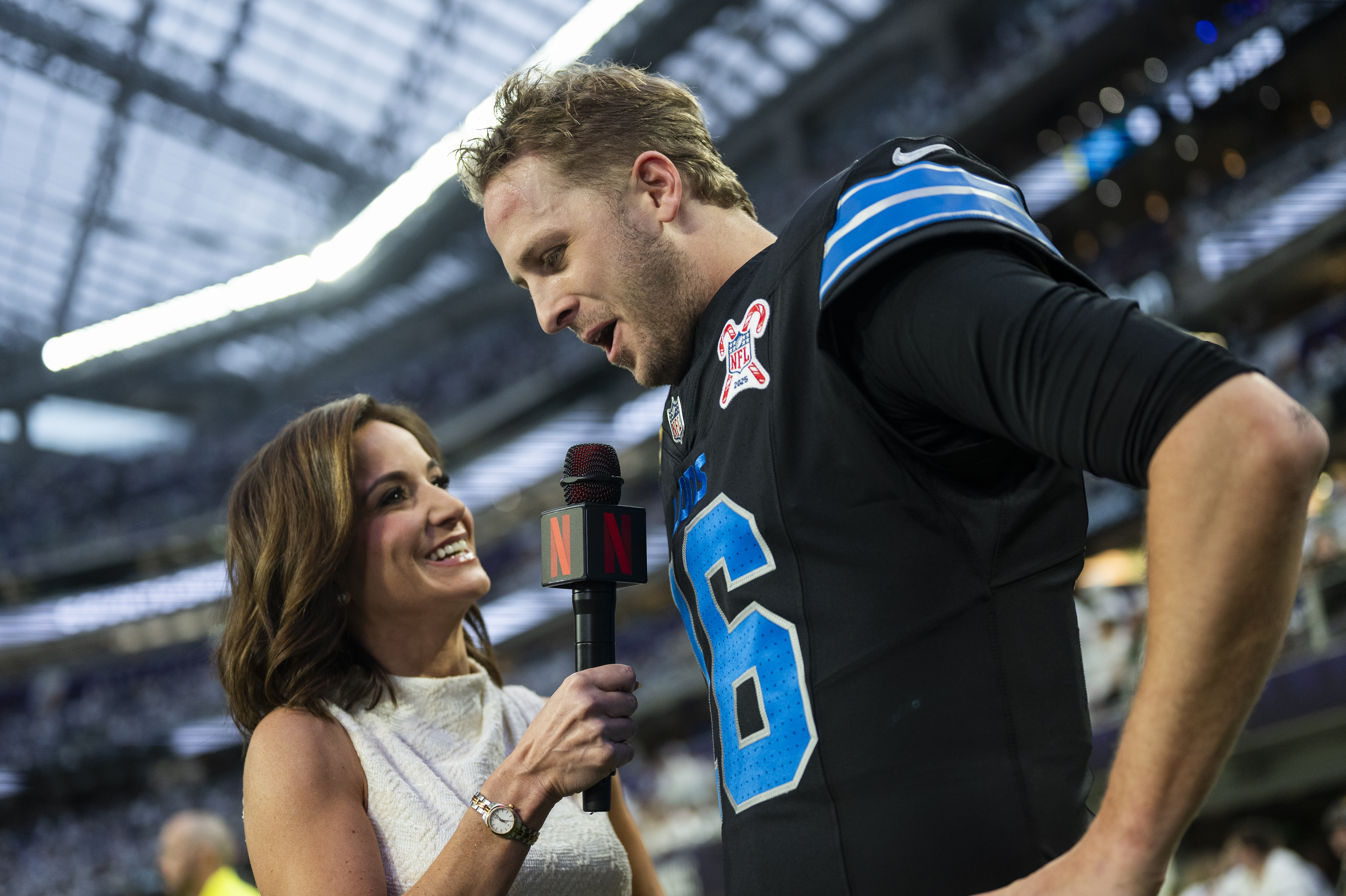 Jared Goff #16 of the Detroit Lions being interviewed by Dianna Russini of Netflix.