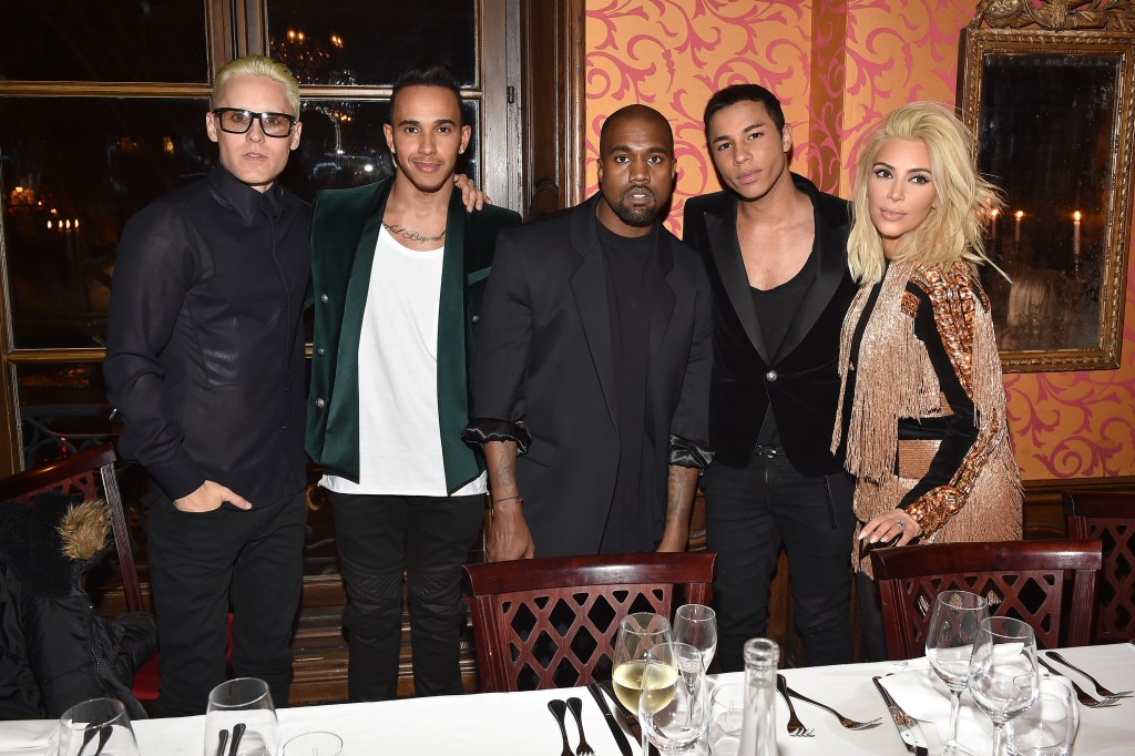 Jared Leto, Lewis Hamilton, Kanye West, Olivier Rousteing, and Kim Kardashian attend a Balmain aftershow dinner.
