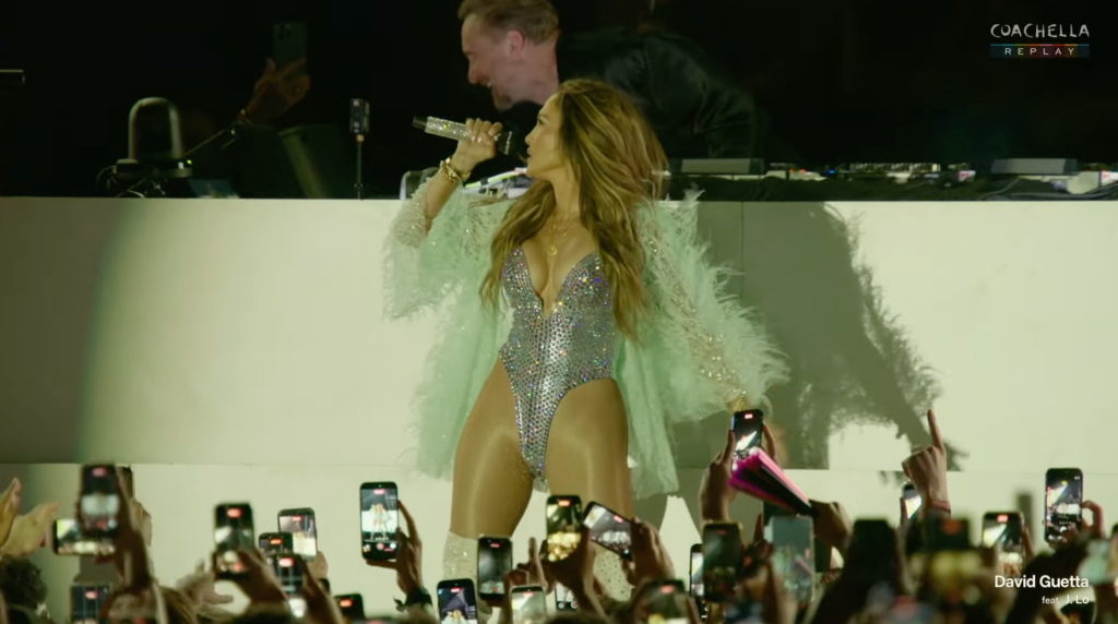 Jennifer Lopez performing with David Guetta onstage at Coachella.