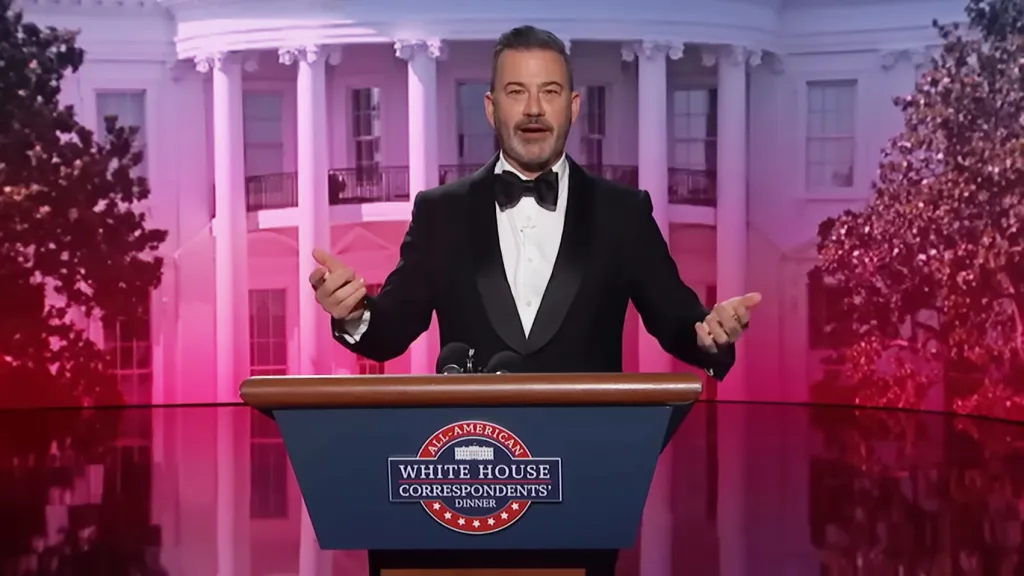 Jimmy Kimmel hosting the White House Correspondents' Dinner, dressed in a tuxedo.