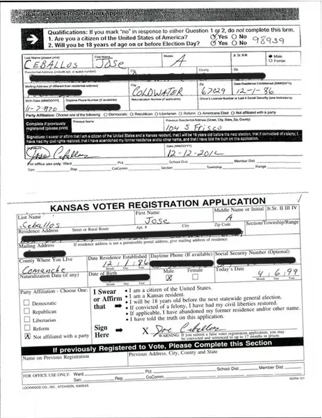 Collage of two Kansas voter registration applications for Jose Ceballos, both with the citizenship box marked 