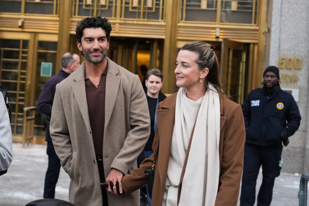 Justin Baldoni and Emily Baldoni arriving at court.