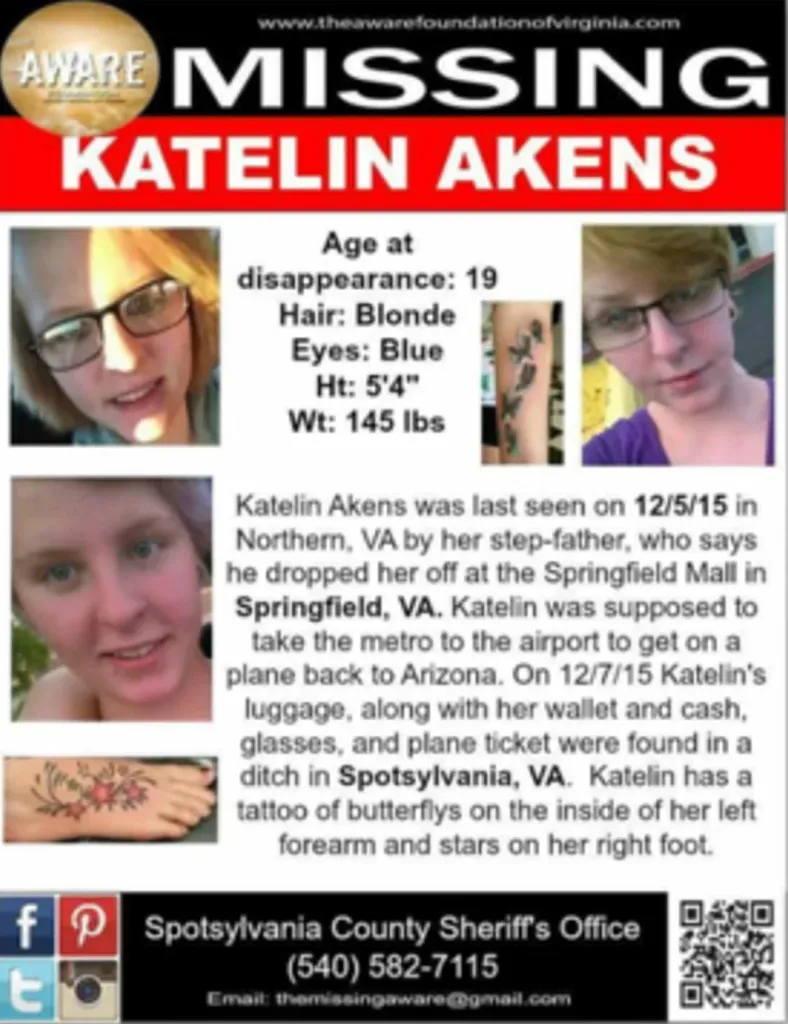 A missing persons sign for Katelin Akens. 