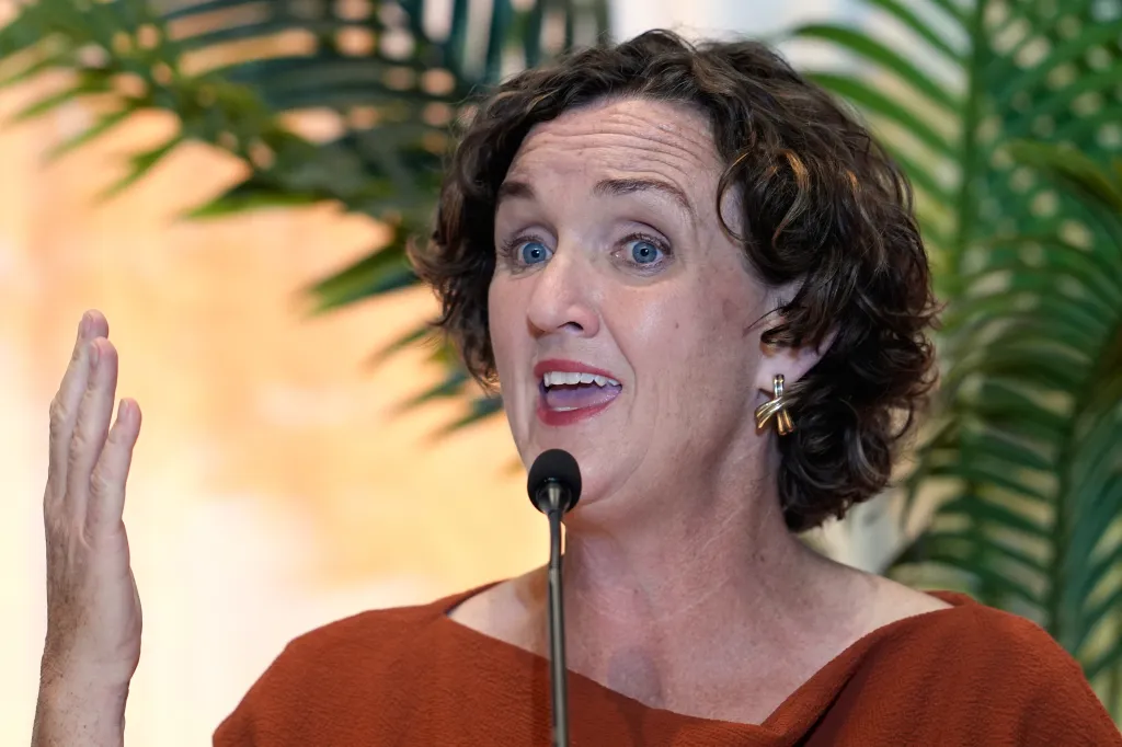 Katie Porter speaks at a gubernatorial candidate forum.