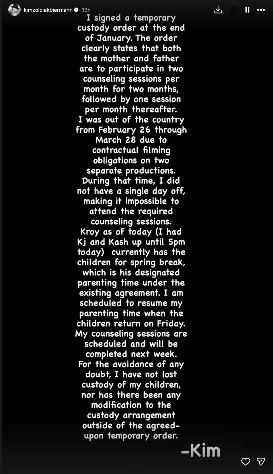 Screenshot of Kim Zolciak's Instagram story, explaining her temporary custody agreement and denying loss of custody.