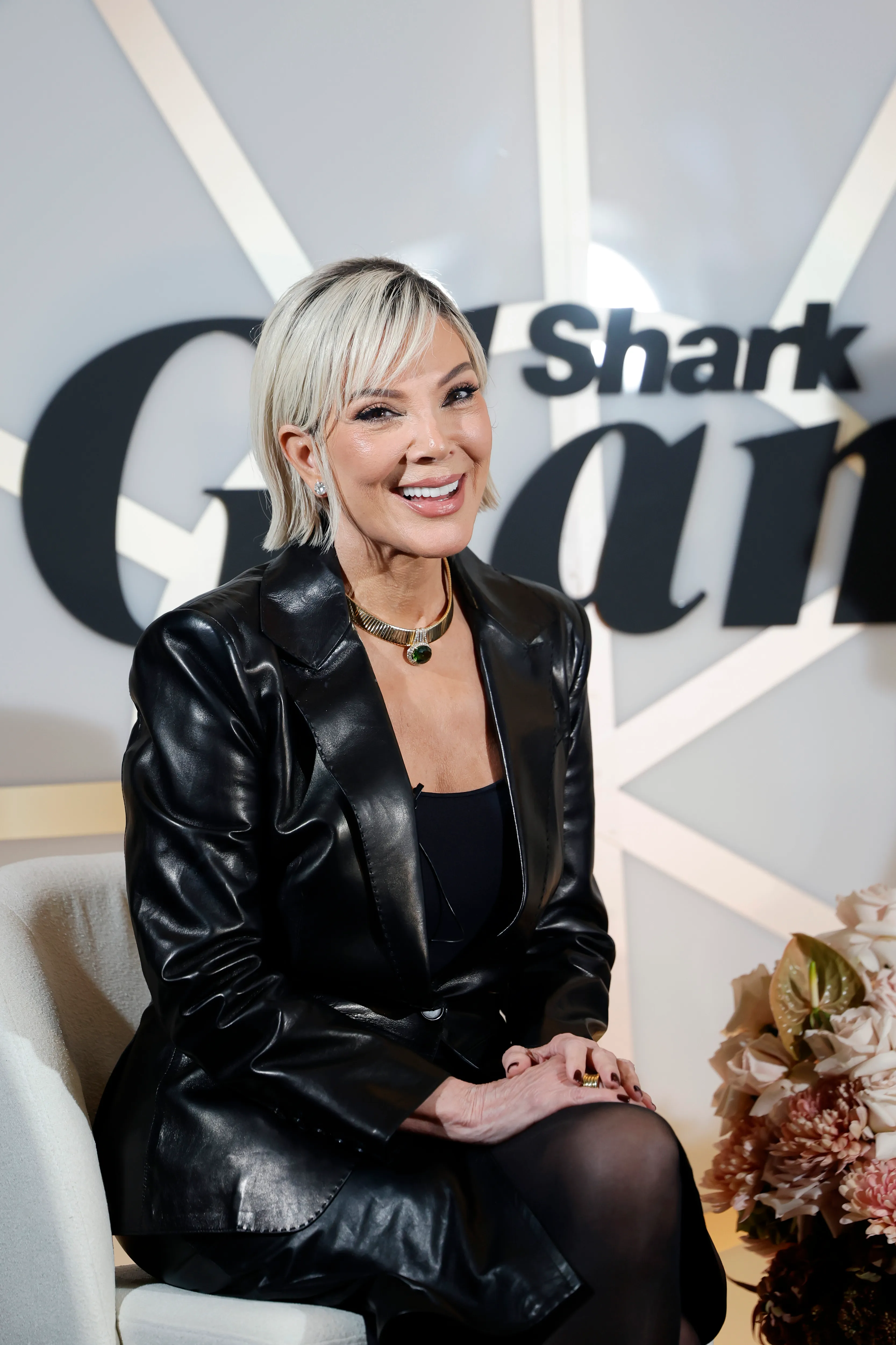 Kris Jenner speaking onstage at the Shark Beauty 'Mission to Glam' event.