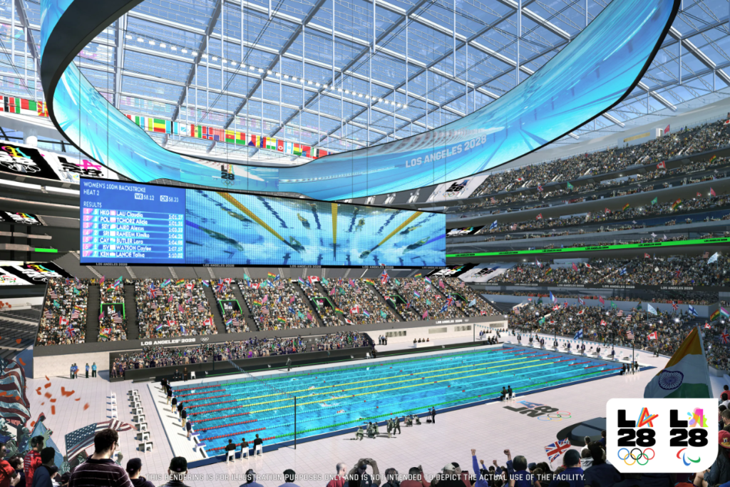 Illustration of a large stadium set up for Olympic swimming, showing a pool with swimmers, a large screen displaying race results, and an audience.