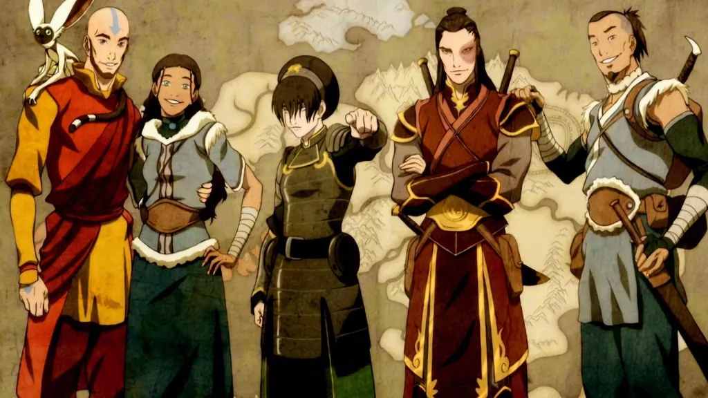 Illustration of the main characters from Avatar: The Last Airbender standing in a line.