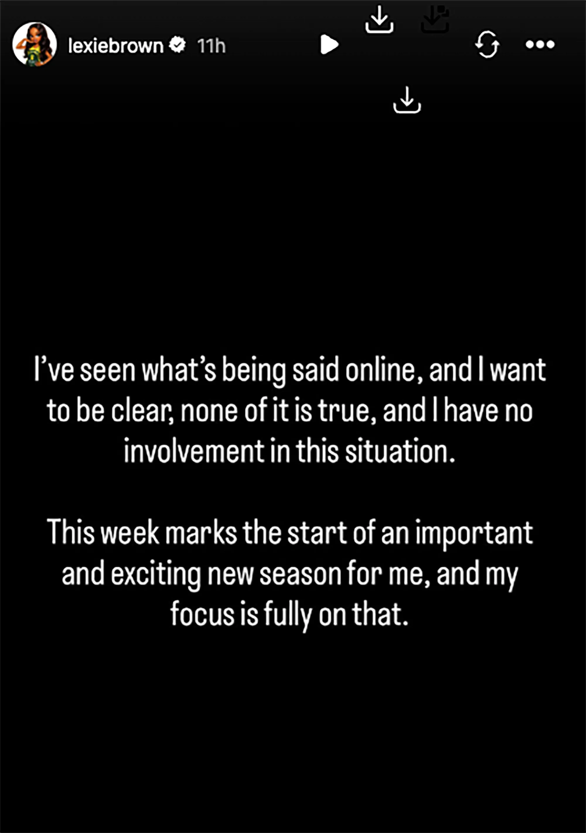 Instagram Story from Lexie Brown denying involvement in a situation and focusing on a new season.