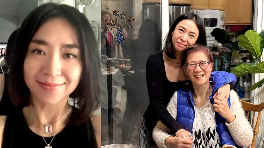 Collage of Linlin Guo in a close-up selfie and Linlin Guo with her mother, Beimin Cheng.