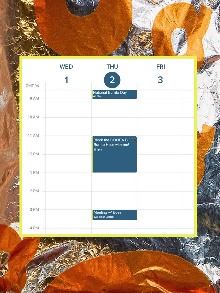 A calendar showing National Burrito Day on Thursday, with a blocked-out slot from 11 AM to 1 PM for the QDOBA BOGO Burrito Hour.