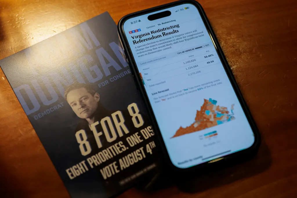 A phone screen displays election results for the congressional redistricting vote on April 21, 2026.