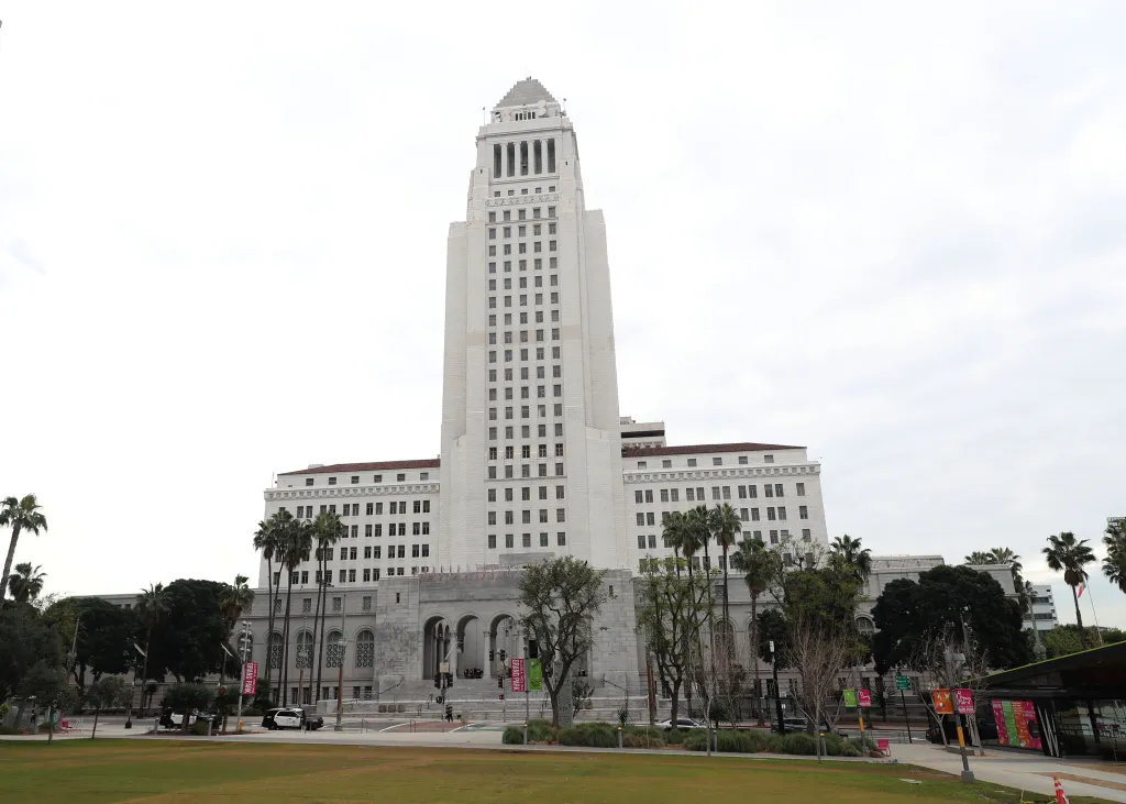 Los Angeles City Hall with empty offices after Covid forced many city workers to work remotely.