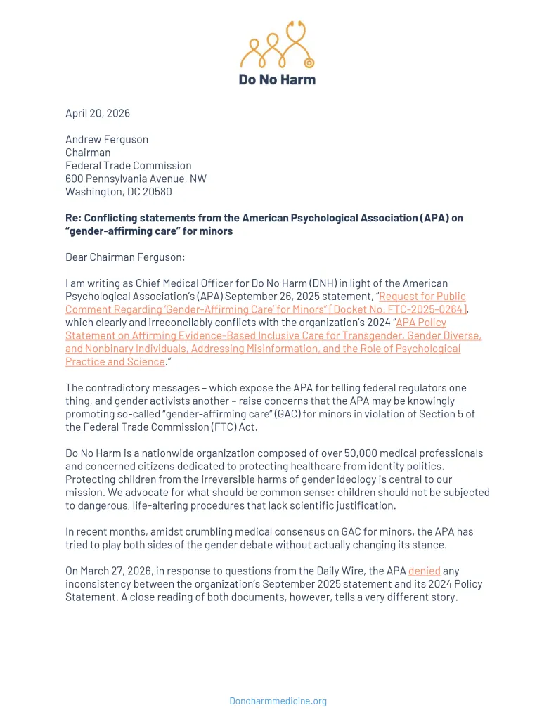 A letter from Do No Harm to the Federal Trade Commission regarding conflicting statements from the American Psychological Association on 