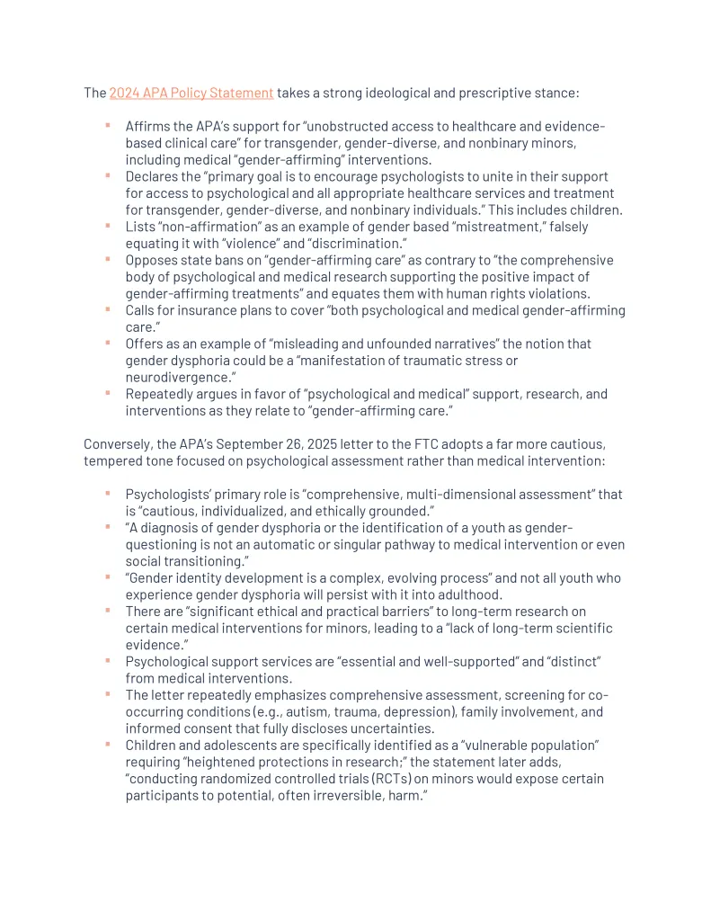Comparison of the 2024 APA Policy Statement and the APA's September 26, 2025 letter to the FTC.