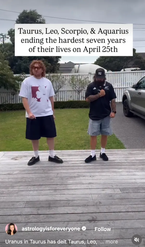 Two men in an outdoor setting with text overlay about zodiac signs.